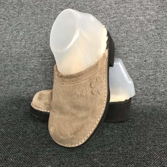 UGG Women's Solvang Tan Suede Slip On Shearling Clogs Chunky Block Heel Size 5 - Picture 1 of 8